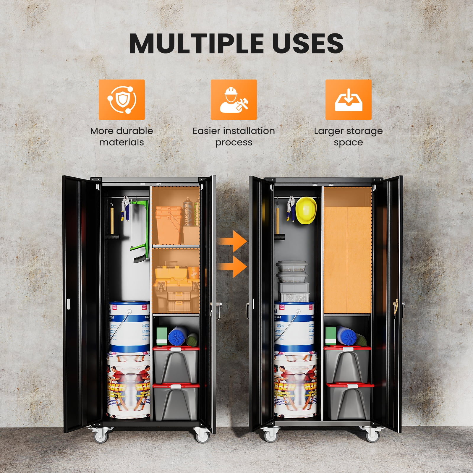 MCQ Metal Broom Storage Cabinet with Lock, Rolling Cleaning Tool Organizer for Mop, Dustpan, Garage, Laundry Room, 4 Lockable Casters, Easy Assembly