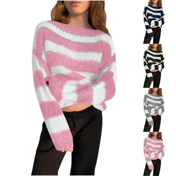 Sweaters for Women Long Sleeve Color-Block Plus Crew Neck Casual Pullover Knitted Sweater Womens Sweaters Plus Size Blue XXXL