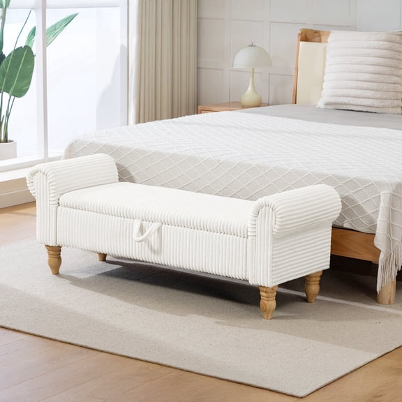 55''W Storage Bench for Queen Bed End of Bed, Mid-Century Corduroy Upholstered Bench with Rolled Armed, White