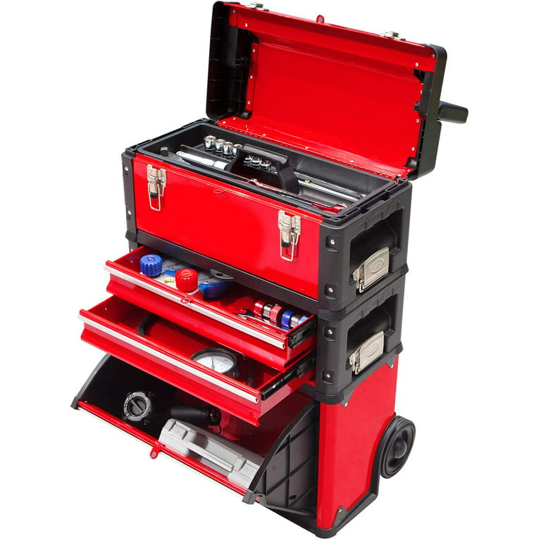 BIG RED Stackable Portable Metal Tool Box Organizer with Wheels and 2  Drawers, Rolling Upright Trolley Tool Chest for Garage or