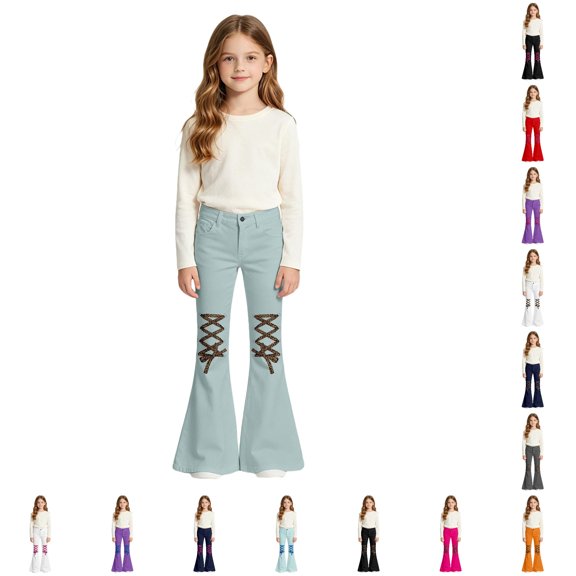 WhouRiu Girls Casual Flared Pants Back To School Fashion Graphic Rigid Waist Trousers With Pockets Kids Comfortable Cute Everyday Wear,9-10 Years