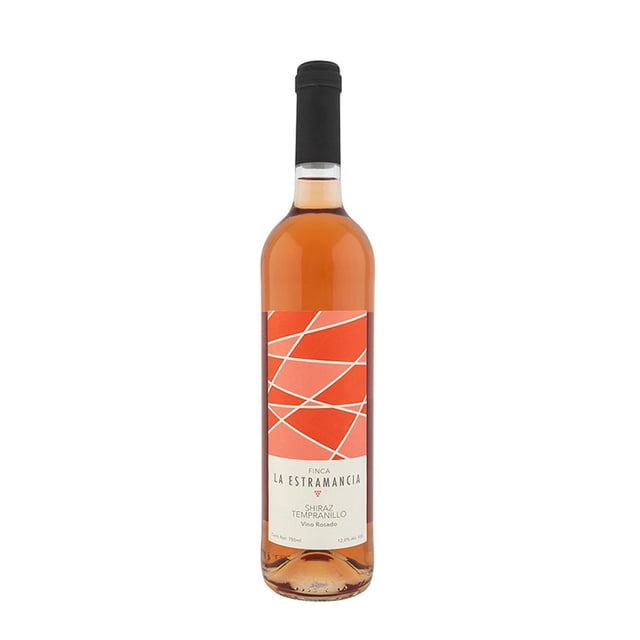 vino rosado finca la estramancia tempranillo-shiraz 750 ml botella frontal centrada con corcho negro; vidrio transparente muestra color rosa salmón; etiqueta naranja y blanca con trazos geométricos y texto 'Finca La Estramancia Shiraz Tempranillo'. A menudo se usa para maridar con ensaladas y platillos ligeros.