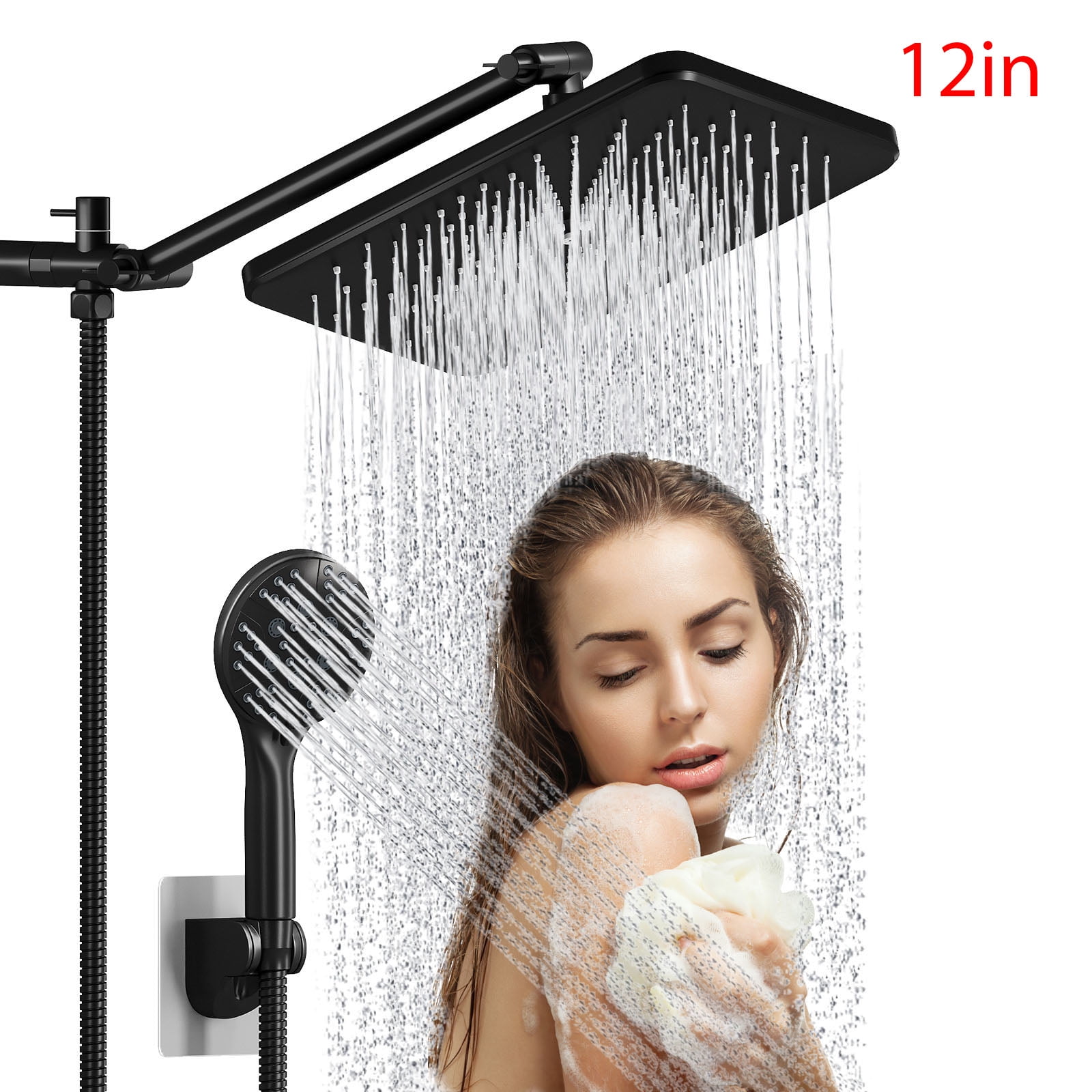 IUSU 12 inch Rain Shower Head, 8-Setting High Pressure Shower Head with Handheld and Hose Black
