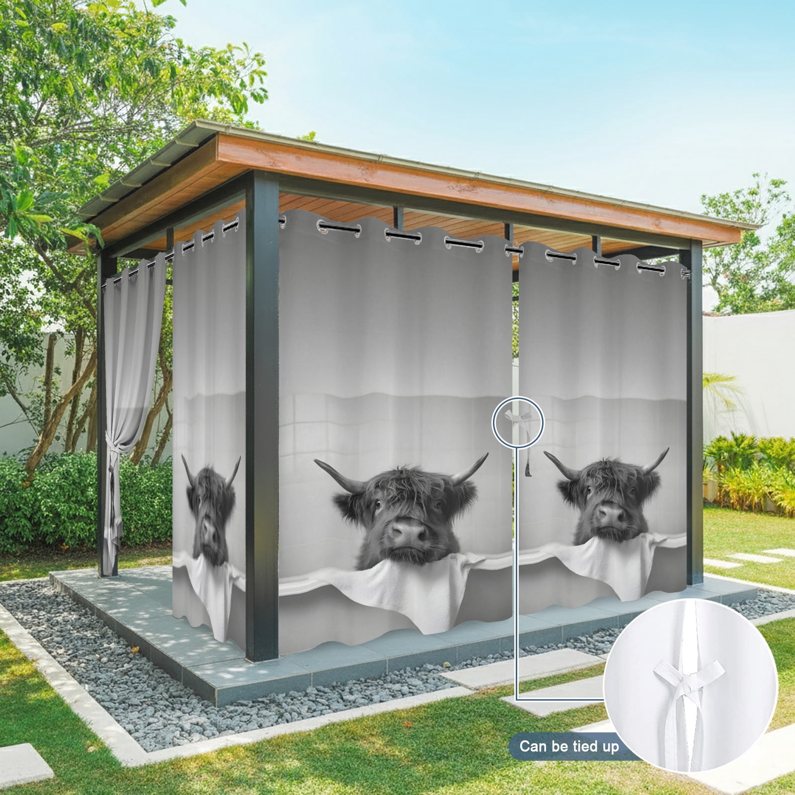 Highland Cow in The Bathtub Outdoor Curtains for Patio, Funny Animal Bathroom Sunshade Privacy Drapes Grommet Waterproof Outside Curtains for Porch/Cabana/Balcony 54"x 108", 1 Panel