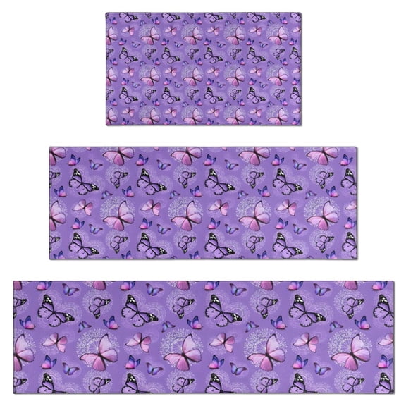 Purple Butterfly Pattern Kitchen Rugs Sets Of 3,Kitchen Runner Rugs Non Skid Washable,Decorative Kitchen Floor Mats for Kitchen,Sink,Laundry,17"x30" 17"x47" 17"x59"
