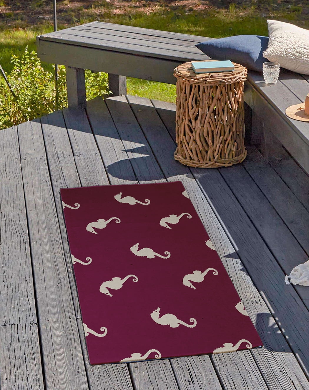 24" 36" Simply Daisy Sea Horses Beach Style Chenille Area Rug, Maroon Red