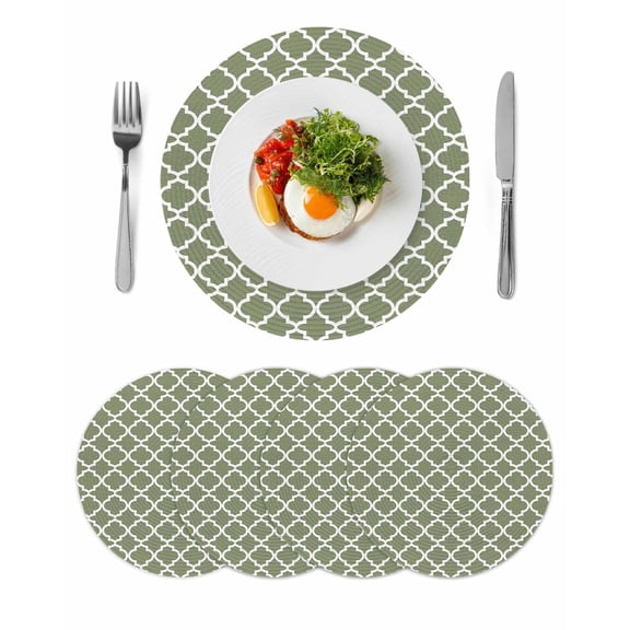 Green Morocco Round 15 Inch Placemats Set of 4, Boho Farmhouse Abstract Geometric Simple HeatResistant Non Slip Place Mats for Dining Table, Wipeable Braided Kitchen Table Mats for Housewarming