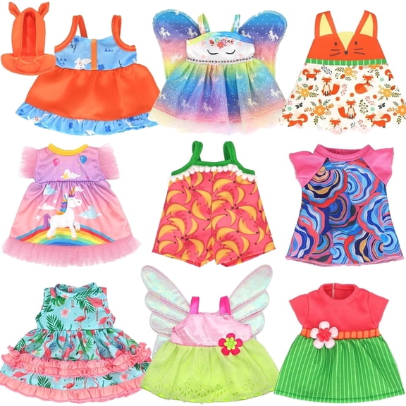 K.T. Fancy 9 Pcs Alive Baby Doll Clothes Set, 10-12 inch Girl Doll Outfits Accessories with Jumpsuit & Skirts