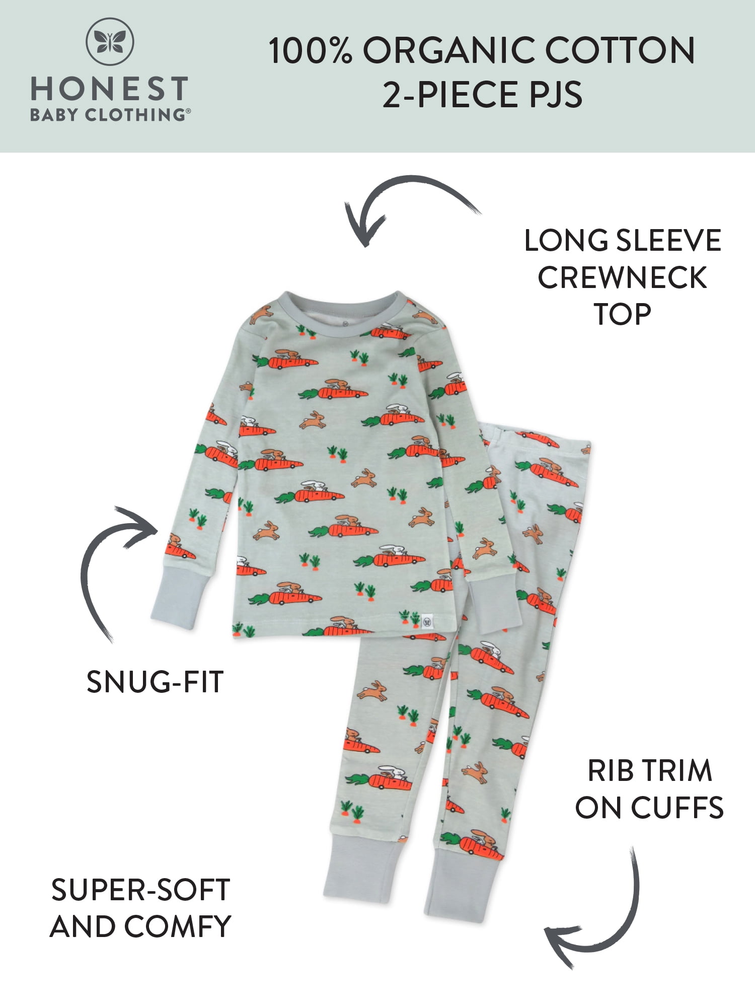 Honest Baby Clothing Organic Cotton Easter Toddler Boy/Girl 2-Piece Long Sleeve Pajama Set, Sizes 2T - 5T