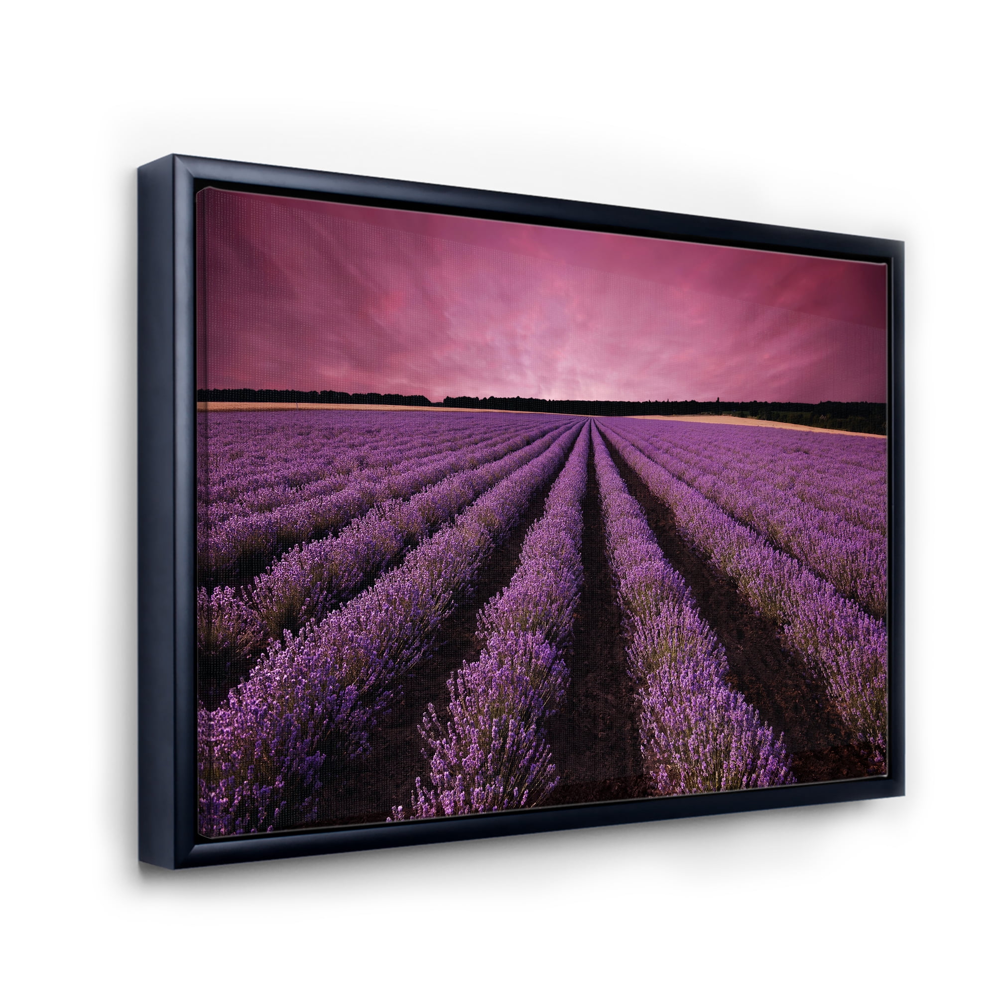 Designart 'Dramatic Clouds and Sunrise Over Lavender Field XI' Farmhouse Framed Canvas Wall Art Print