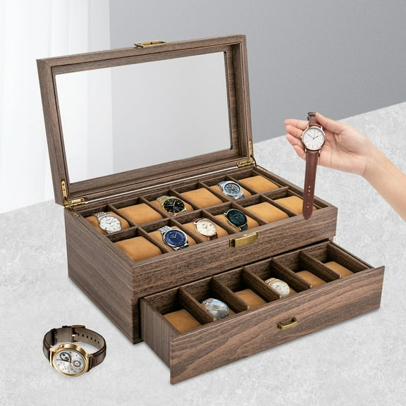 24 Slot Leather Watch Box Case Organizer Glass Display Jewelry Storage with Drawer