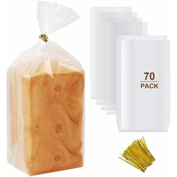70 Pack 8x4x18 Inches Clear Bread Bags, 100 Ties Included, Reusable Plastic Storage Bags for Homemade Loaves, Bakery, Pastries