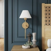 Nathan James Millie Plug-in Wall Sconce, Wall Mounted Bedside Reading Lamp with Cotton Shade and Brass Back Plate