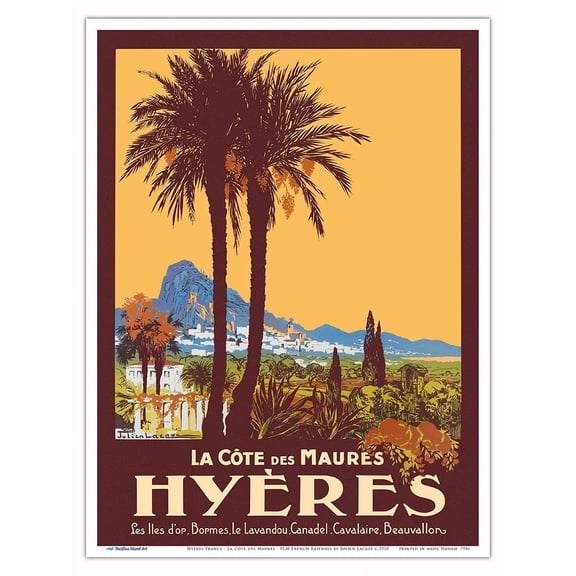 Hyéres France - La Côte des Maures - PLM French Railways - Vintage Railroad Travel Poster by Julien Lacaze c.1920 - Master Art Print (Unframed) 9in x 12in