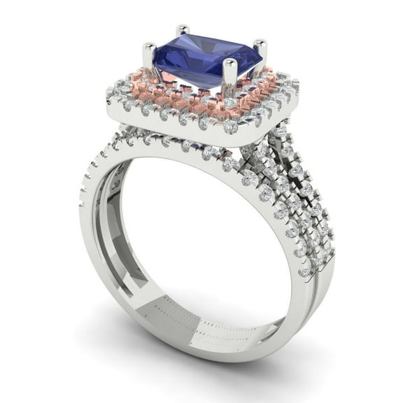 Clara Pucci 18K White/Rose Gold 3.05 Simulated Tanzanite Engraveable Engagement Ring Wedding Band Set