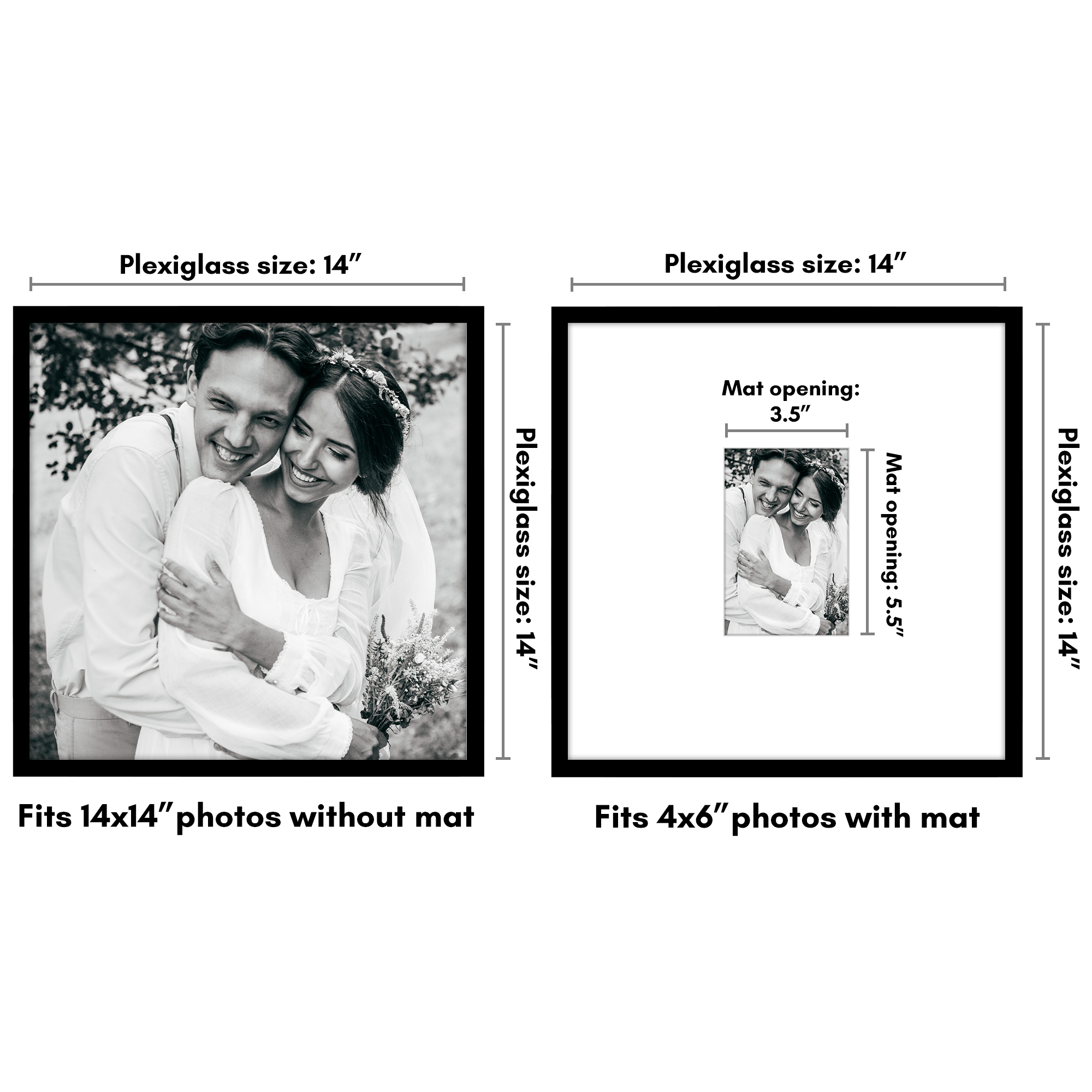 Americanflat 14x14 Picture Frame with Polished Plexiglass with 4x6 Mat Display Photo Streamline Thin - Black