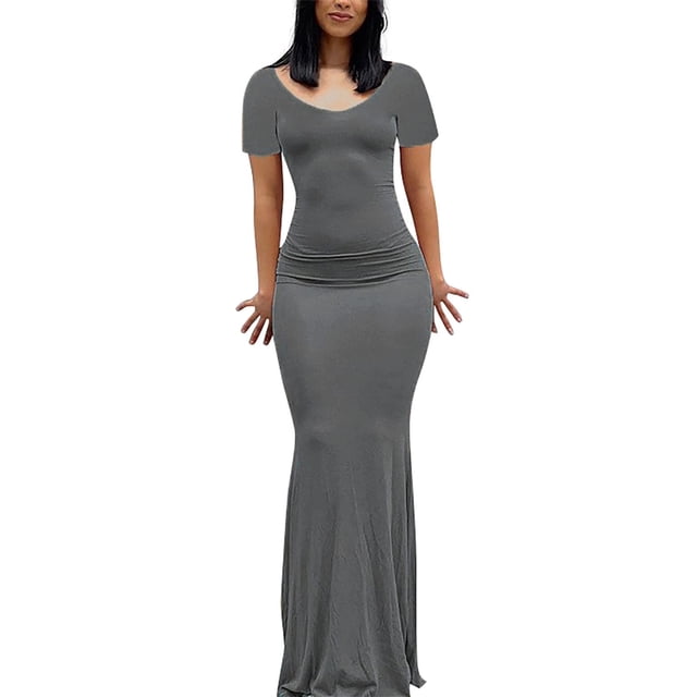 Bigersell Robe Moulante Maxi pour Femmes Été à Manches Courtes Col Rond Longue Robe Moulante Couleur Unie Queue de Poisson Robe de Soirée Robe de Boîte de Nuit Robe de Fête Robes de Plage Robe Formelle, Gris G