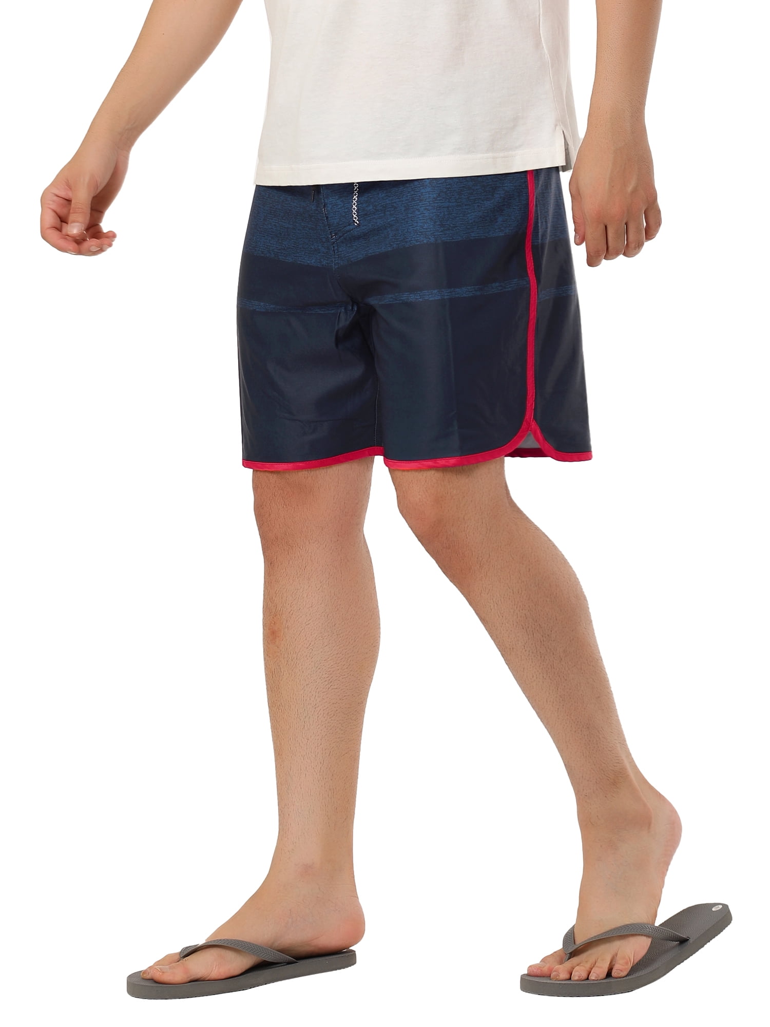 Unique Bargains Men's Summer Printed Drawstring Color Block Swim Beach Shorts 34 Red Navy
