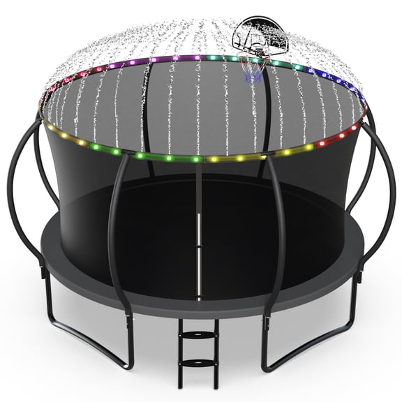 Jump Into Fun 12FT Trampoline 1200LBS for 6 Kids and Adults, Galvanized Anti-Rust Coating Pumpkin Outdoor Trampolines with Enclosure Net and Basketball Hoop, Lights, Sprinkler, Gift Family Use