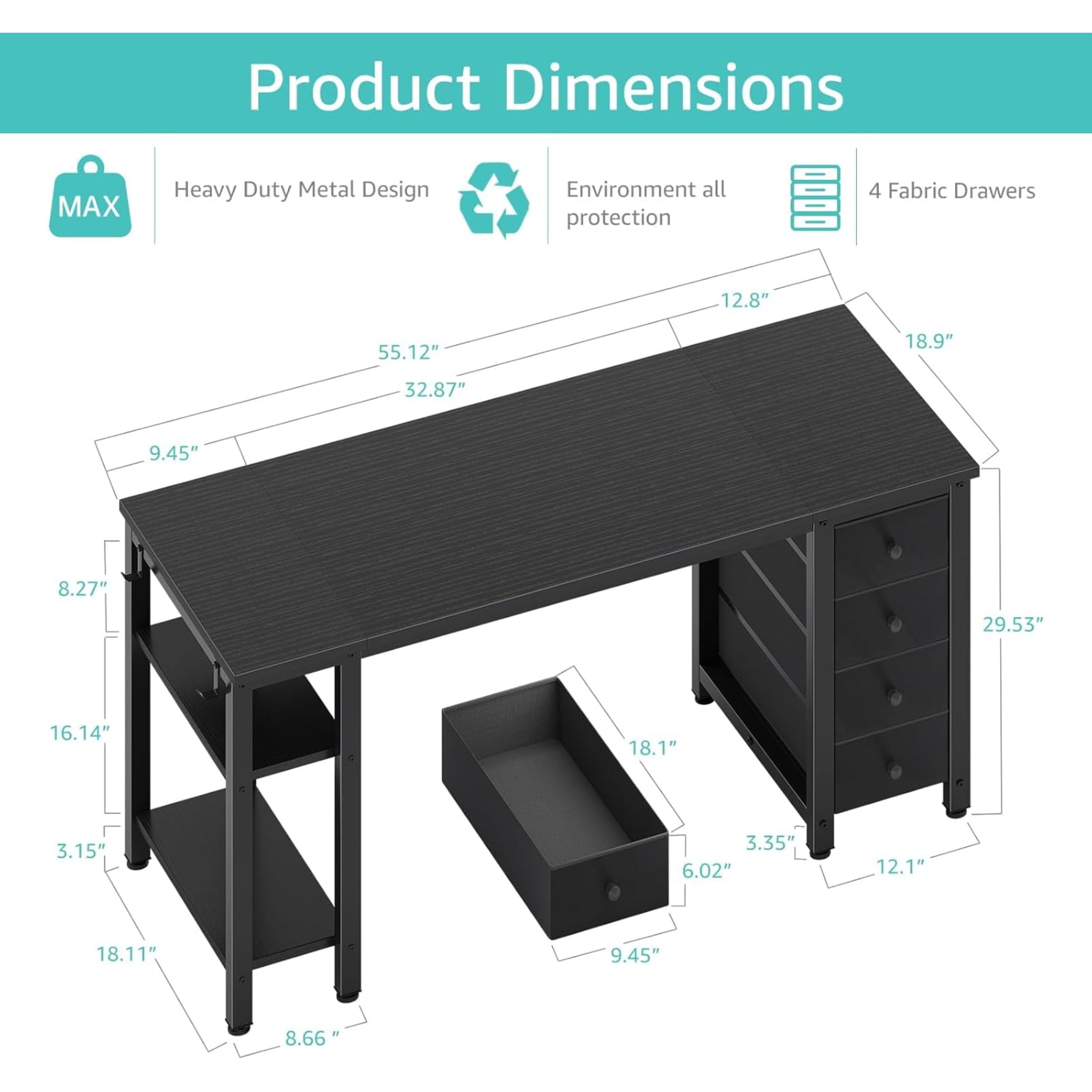 Lufeiya Gaming Desk with 4 Fabric Drawers & Storage Shelves, 55 inch Computer Writing Work Study Desk for Home Office Bedroom, Modern Simple Student PC Desks Table, Black