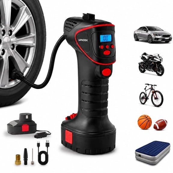 WINDEK Cordless Tire Inflator, 12V Portable Electric Air Pump with Digital Gauge, Auto Shut-off, LED Light for Car Tires, Bikes, Motorcycles, Balls
