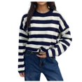 thumbnail image 2 of Aueoeo Womens Cropped Striped Pullover Sweater Crew Neck Long Sleeve Knitted Color Block Casual Sweaters, 2 of 5