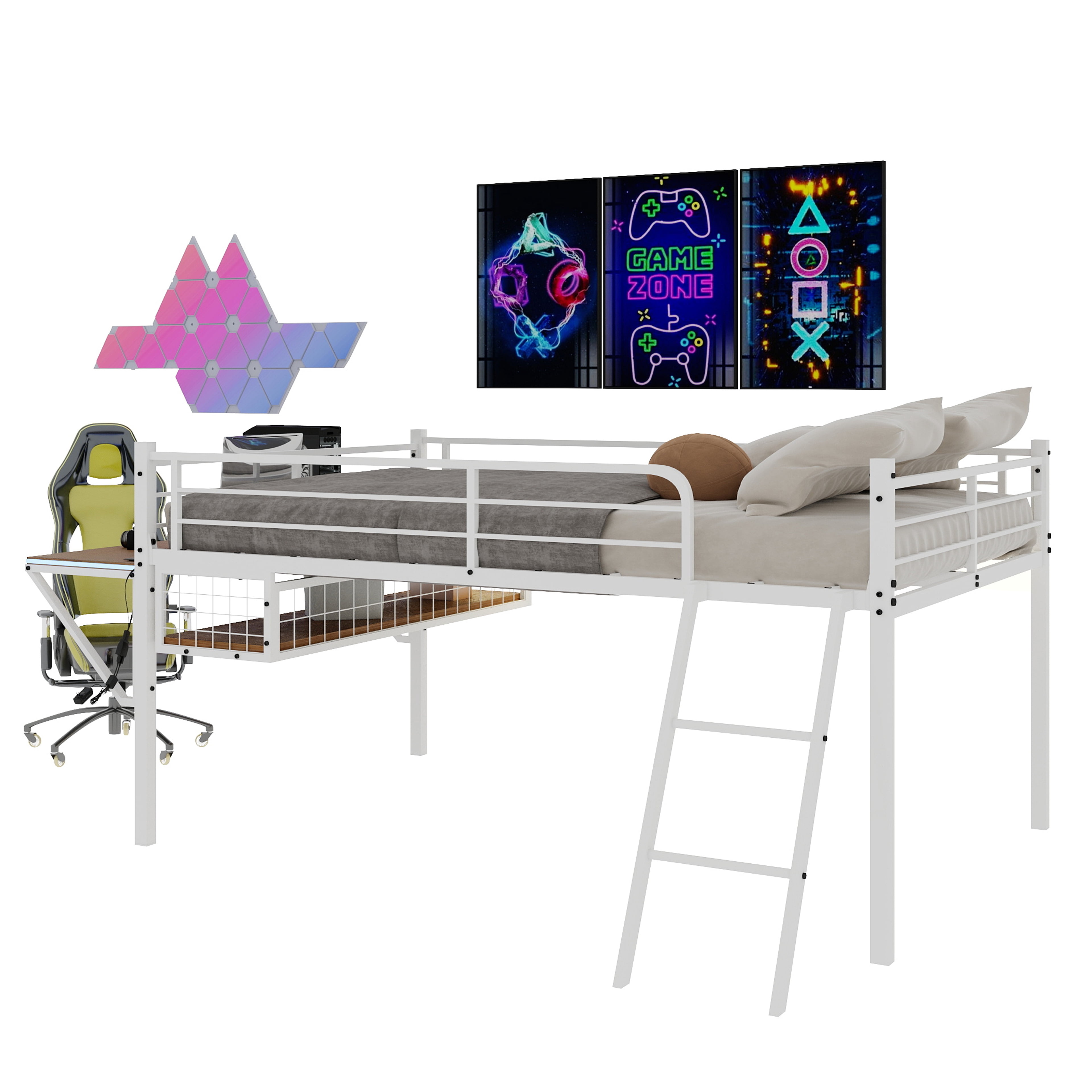 Miniyam Twin Size Loft Bed with Desk, Metal Frame with Guardrails, Ladder, LED Light and Underbed Storage, White