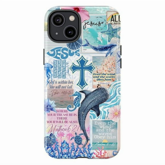 Christian Ocean Bible Verse Phone Case, Dolphin Cross Faith iPhone Cover, Inspirational Scripture Sea Life Design for iPhone 16 15 14 13 12 11 Pro Max Plus Mini