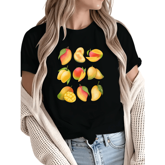 Women Casual Yellow Red Mango Graphic Tees Cotton Crew Neck Printed T Shirt Tops Black S-5XL