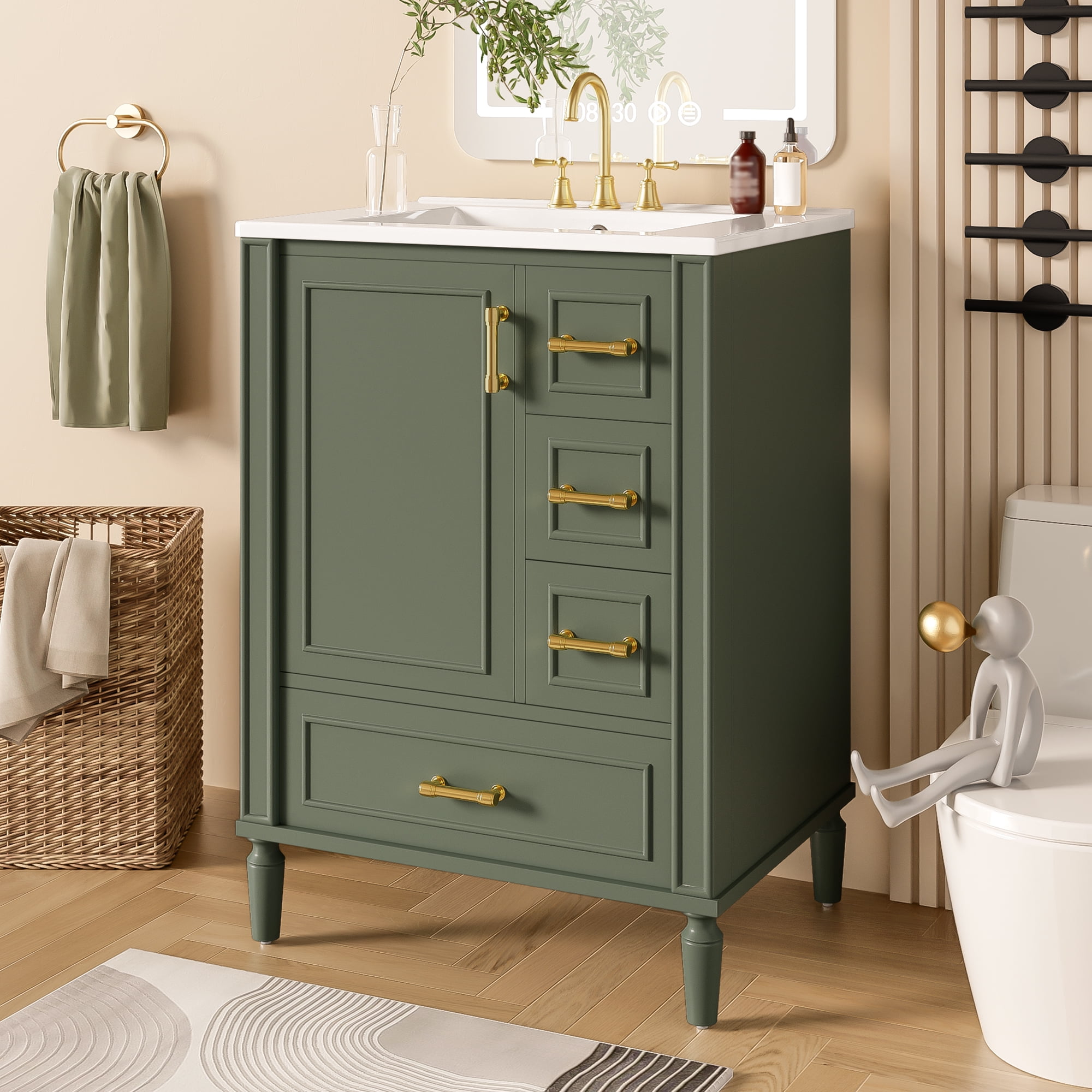 Harper & Bright Designs 24 inch Bathroom Vanity with Sink Combo, Free-Standing Single Storage Cabinet with 3 Drawers & Rack, MDF & Solid Wood Vanity with Ceramic Basin, Olive Green