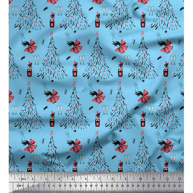 Soimoi Blue Modal Satin Fabric Champagne,Glass & Tree Christmas Decor Fabric Printed Yard 42 Inch Wide