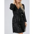 thumbnail image 6 of GXFC Women's Shiny Sequins Mini Dress Long Sleeve V Neck Wrap Dress Nightclub Party A-Line Short Dress for Women, 6 of 9