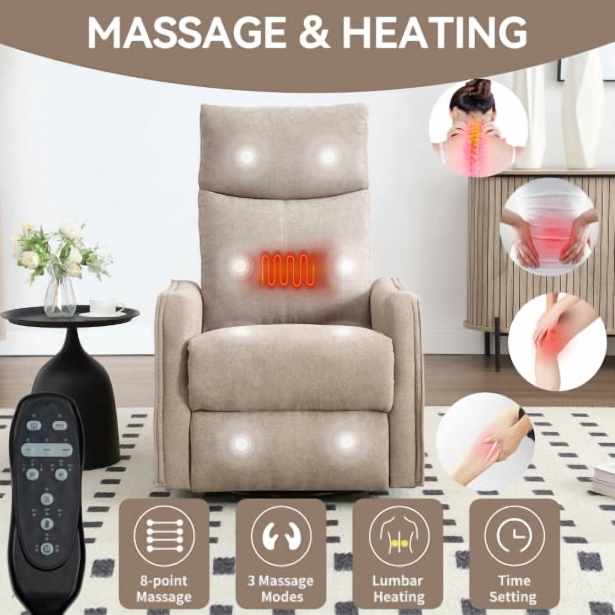 Leumius Recliner Chair with Massage and Heat,360° Manual Swivel Rocker Chair for Adults,Upholstered Fabric Glider Recliner Nursery Chair with Side Pockets for Living Room,Khaki