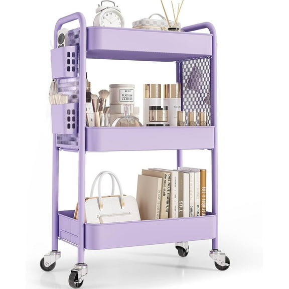 3-Tier Rolling Cart Storage Organizer, Metal Utility Cart with Wheels, Hooks and Bins