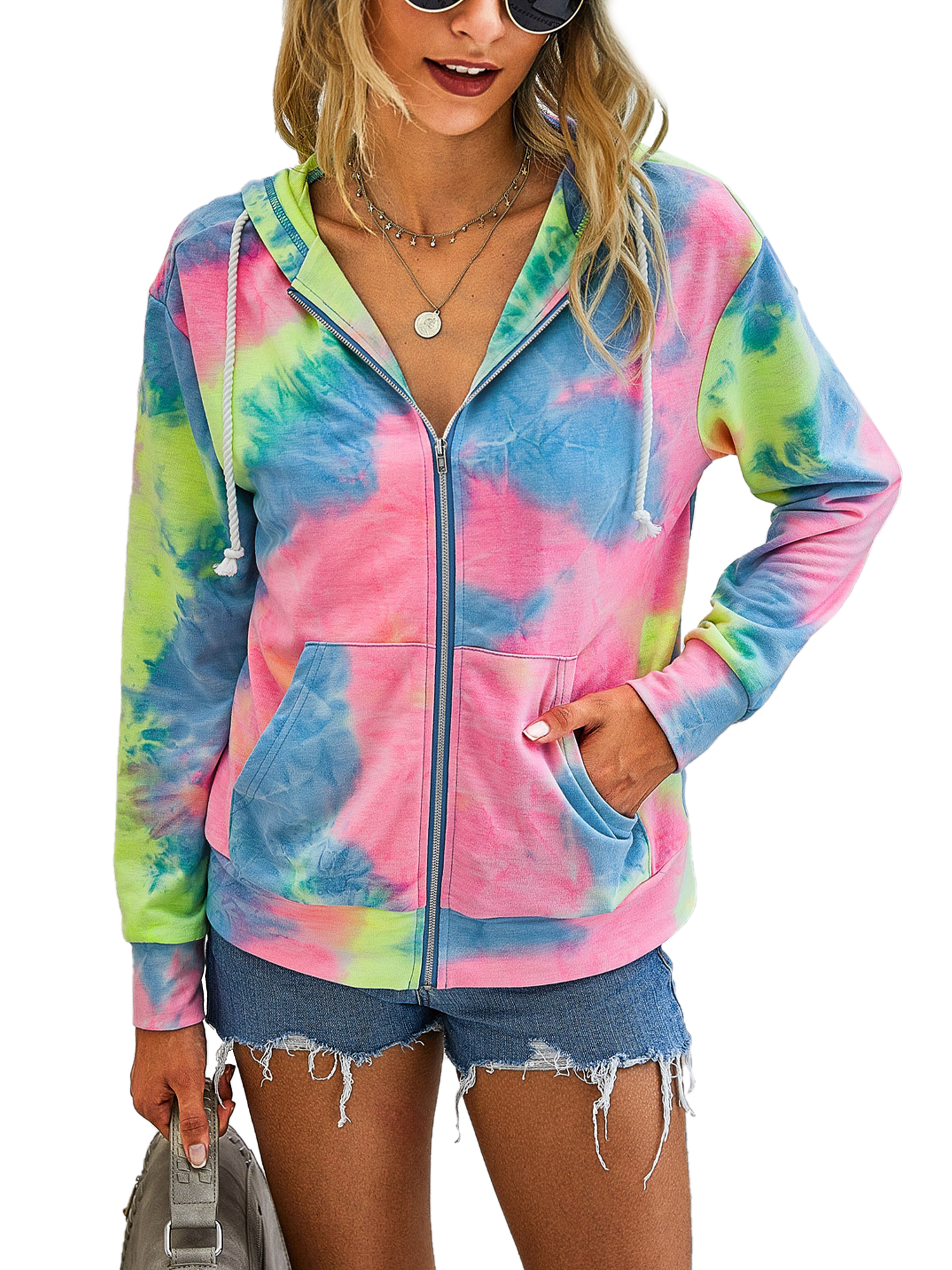 Womens Full-Zip Hoodies with Pockets Tie Dye Long Sleeve Sweatshirt Casual Coat Lounge Sets Yoga Jogging Sweatsuit