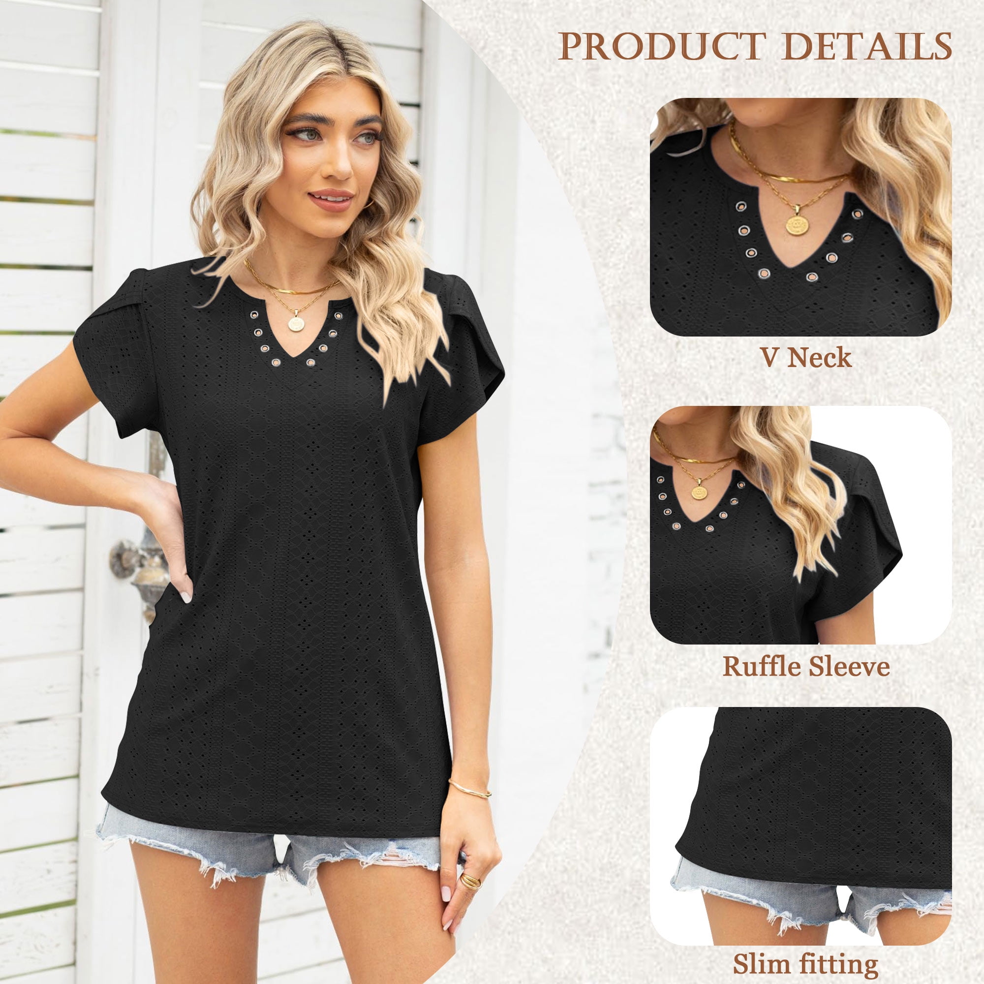 TEMOFON Women T-shirts Summer Short Sleeve Tops Casual Ruffle Sleeve Tunic Tops Trendy V Neck Tops Loose Ladies Shirts Blouses Black M