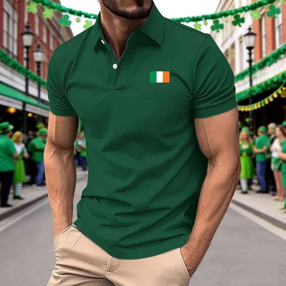 ZOYOEN Mens St Patricks Day Polo Shirts- Flag Print Short Sleeve Patriotic Casual Irish Shirts Army Green Size 2XL