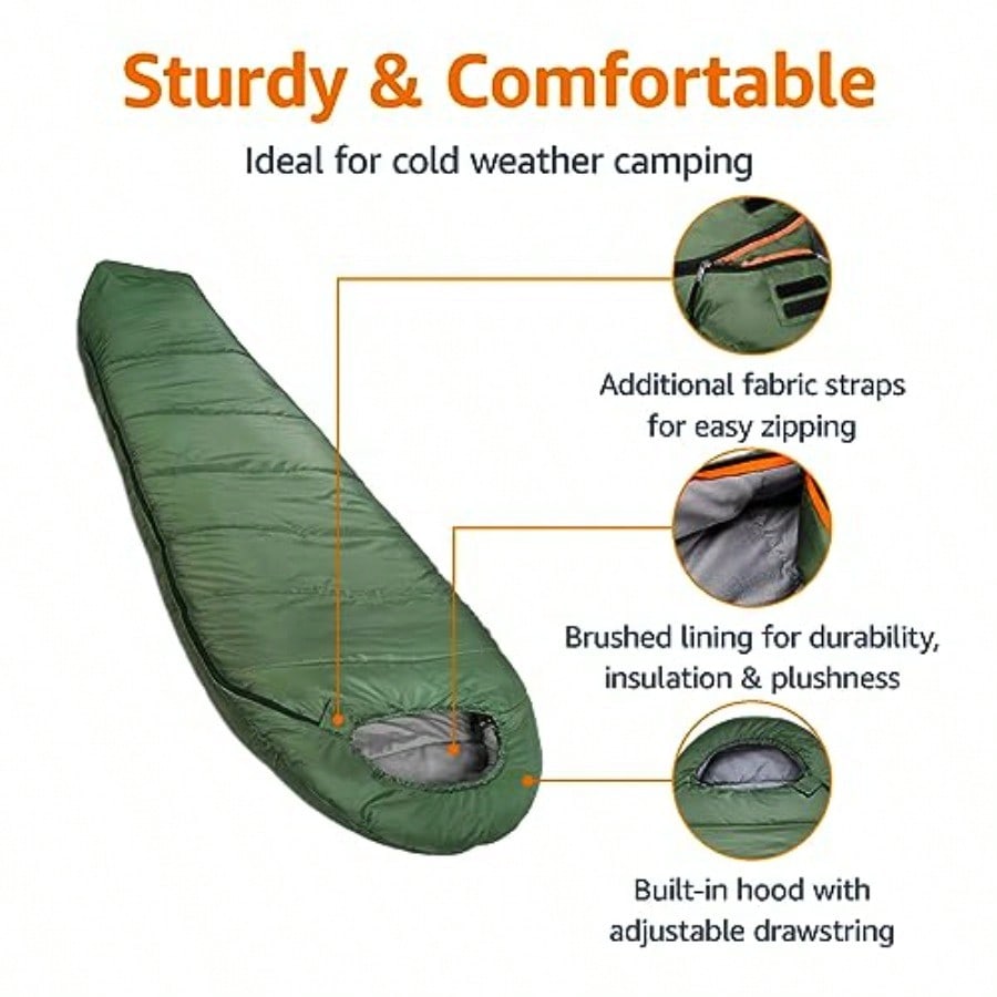 20F Cold Weather Mummy Sleeping Bag 82 Inches X 33 Inches Olive Green