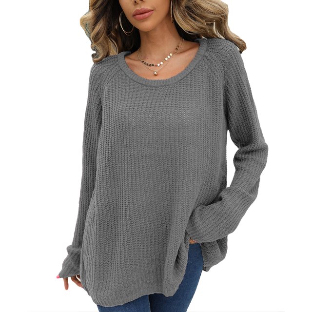 Suéter de punto Manga larga Cuello redondo Color puro Dobladillo suelto Suéter casual para mujer