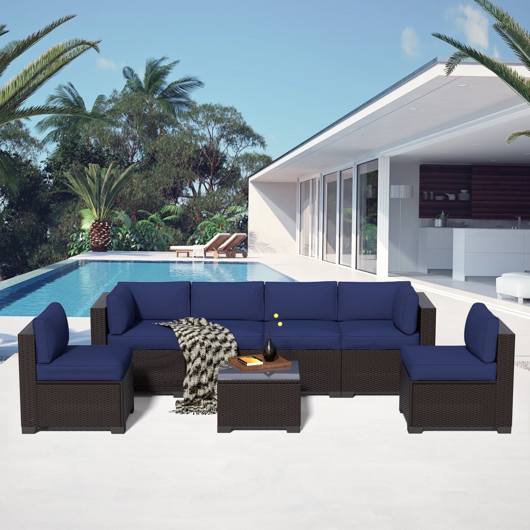 YLGJ&TIDY 7-Piece Outdoor Patio Set, All-Weather Rattan Sofa with Waterproof Cushions and Glass Table for Garden, Poolside, Navy Blue