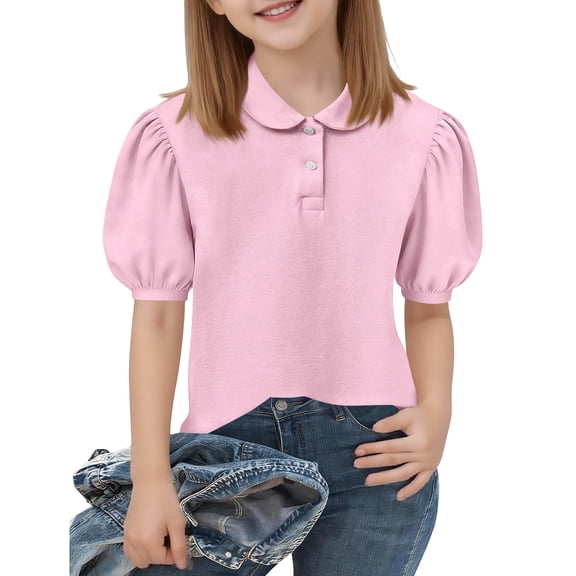 YNGKMEA Uniform Polo Shirts for Girls Short Sleeve Peter Pan Collar School Uniform Shirts Kids Cute Puff Sleeve Polo Shirt