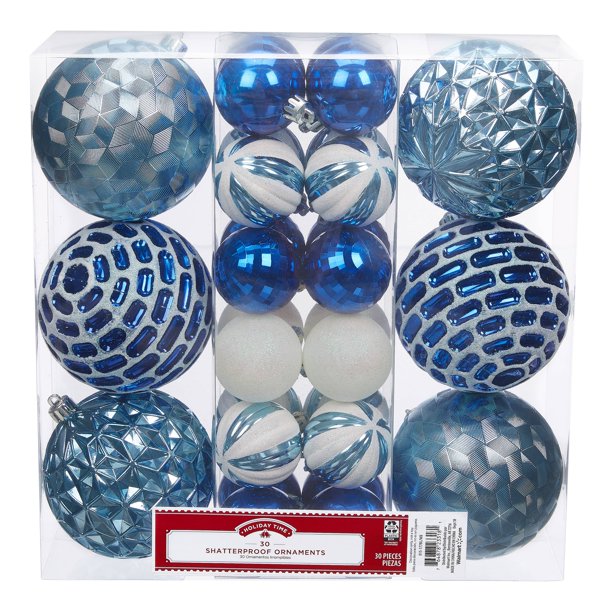 Holiday Time Shatterproof Ornaments, 30Count, Blue White