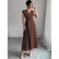 thumbnail image 6 of Coffee Brown Womens V-Neck Ruched Waist Pleated Maxi Dress With Drop Shoulder Sleeve, 6 of 6