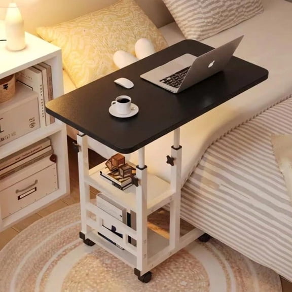 Adjustable Height Overbed Table with Storage Shelves & Wheels – Mobile Side Table for Home, Hospital or Sofa