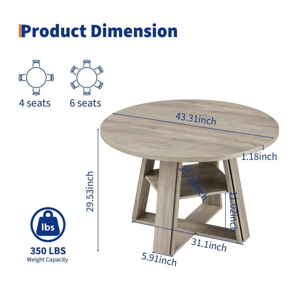Space-Saving Round Dining Table 43 Inch with Wooden Pedestal Base & Storage Shelf for Small Spaces