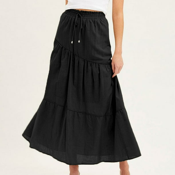 Falda De Verano Falda larga informal para mujer, traje de vacaciones de estilo bohemio de algodón de línea A (negro M) Cgtredaw Para estrenar