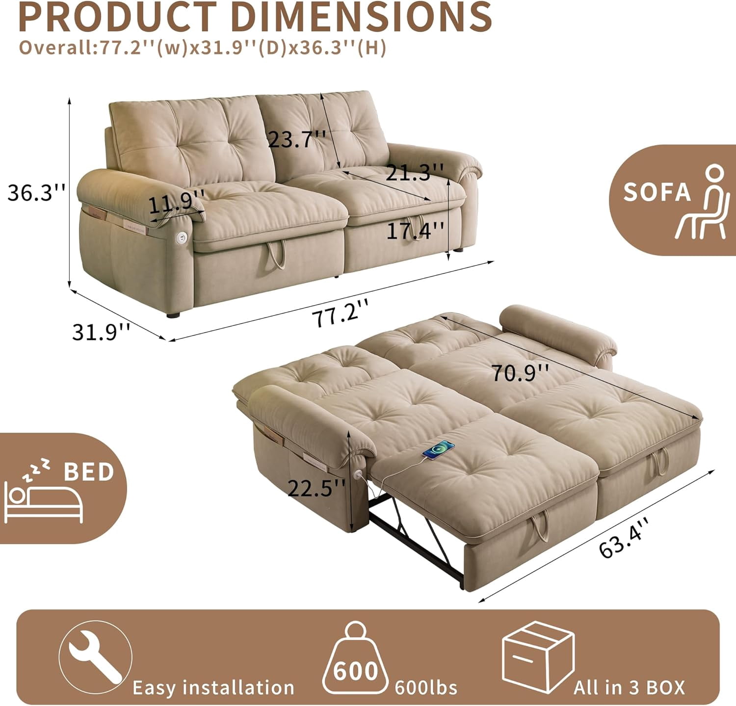 77" Queen Size Convertible Sleeper Sofa, 3-in-1 Chenille Couch Bed with Cup Holders & USB Ports for Living Room, Bedroom & Small Spaces