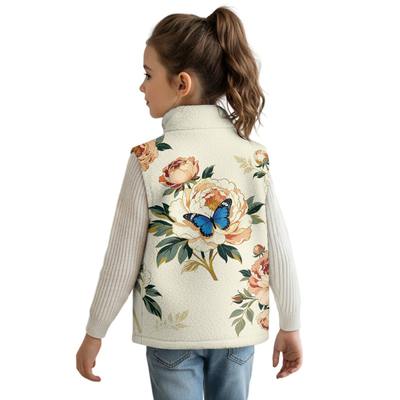 Xoenoiee Butterfly Peony Flower Print Girls Fleece Vest Outerwear Sleeveless Lightweight Zip Jackets Warm Soft Vests with Zipper and Pockets, Size 7-8 Years