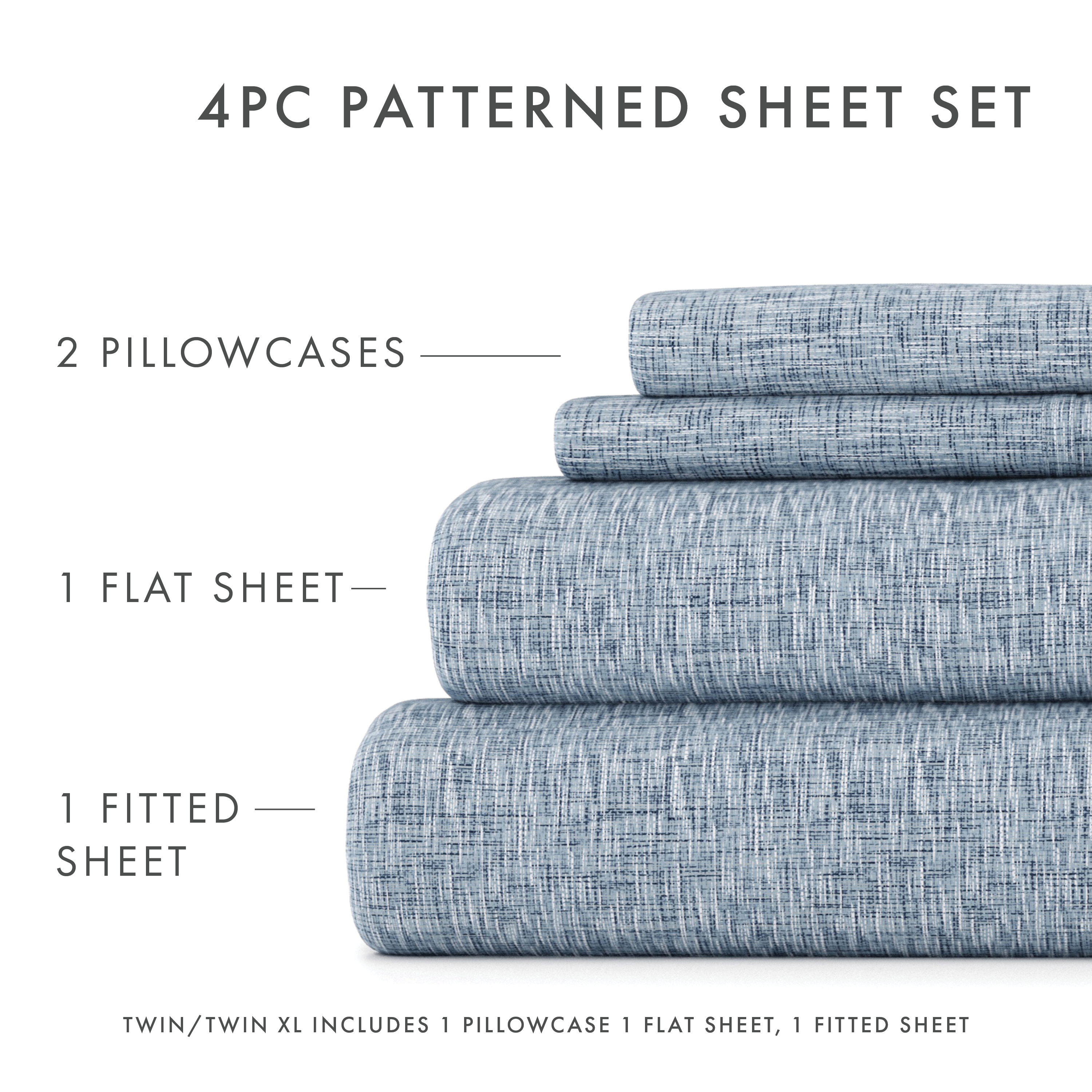 Noble Linens 3 Piece Pattern Microfiber Bed Sheets Set, Light Blue Chambray Style, Twin