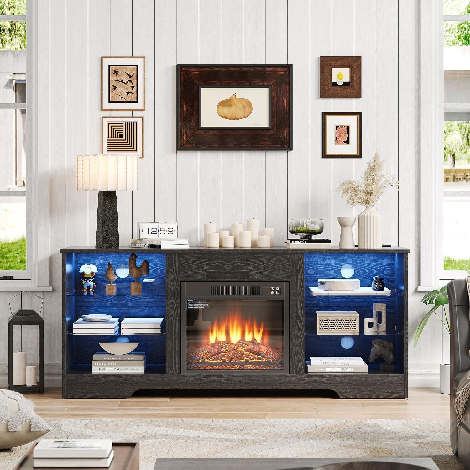Electric Fireplace TV Stand with LED Lights and Charging Outlets, Black TV Console for TVs Up to 65", Modern Entertainment Center, TV Stand for Bedroom